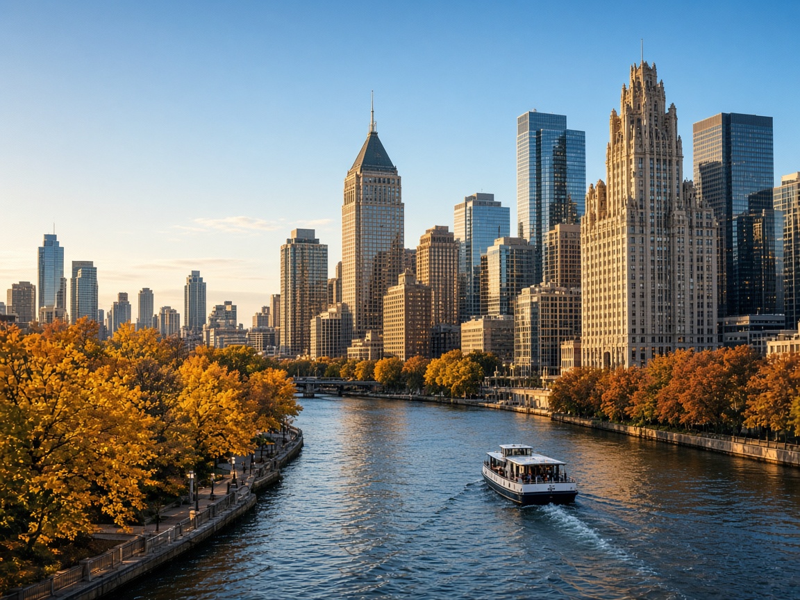 El río y el skyline de Chicago en otoño