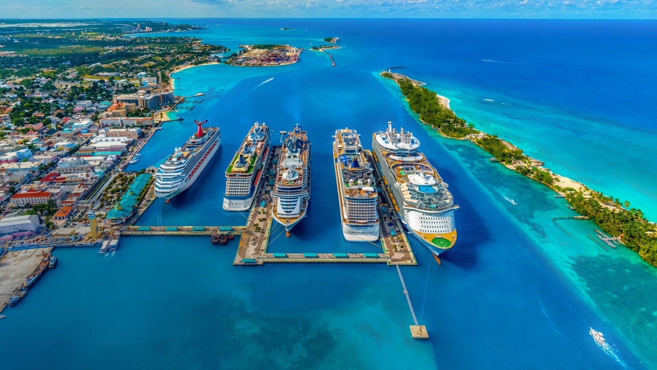 Vista aérea de cinco cruceros atracados en el puerto de Nassau, Bahamas, con mar turquesa