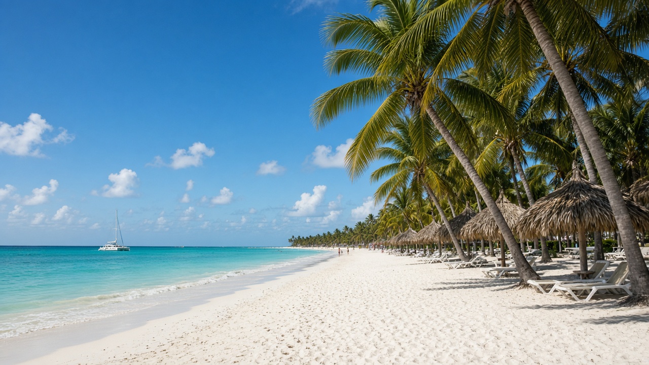 Playa Bávaro en Punta Cana con palmeras inclinadas, sombrillas de palma y mar turquesa