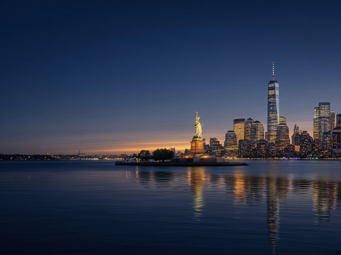 Estatua de la Libertad y el skyline de Manhattan iluminados en la hora azul